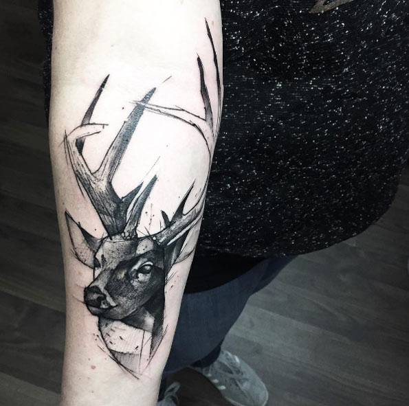 Sketch style stag tattoo by Kamil Mokot