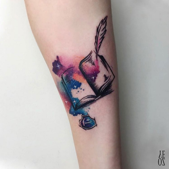 Magical watercolor book tattoo by Yeliz Ozcan