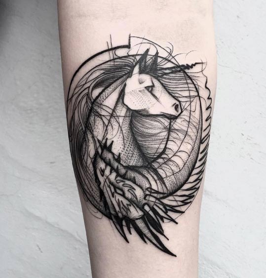 Sketch Style Unicorn & Dragon Tattoo by Frank Carrilho