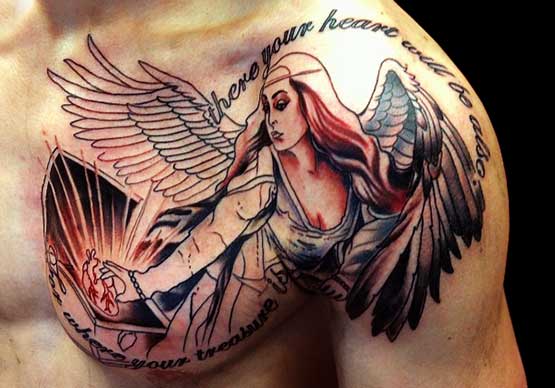 Angel tattoo designs lettering typically used to deliver quotes to be conveyed by the user. Many of them insert some verses from the holy book to be written around the angel.