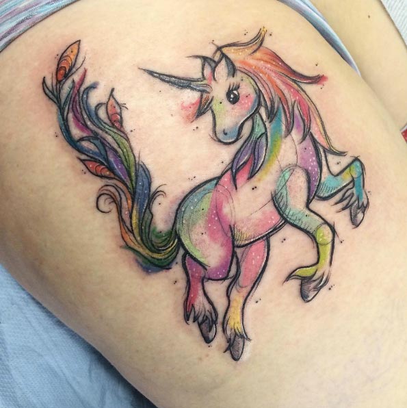 Colorful unicorn tattoo by The Drawing Board