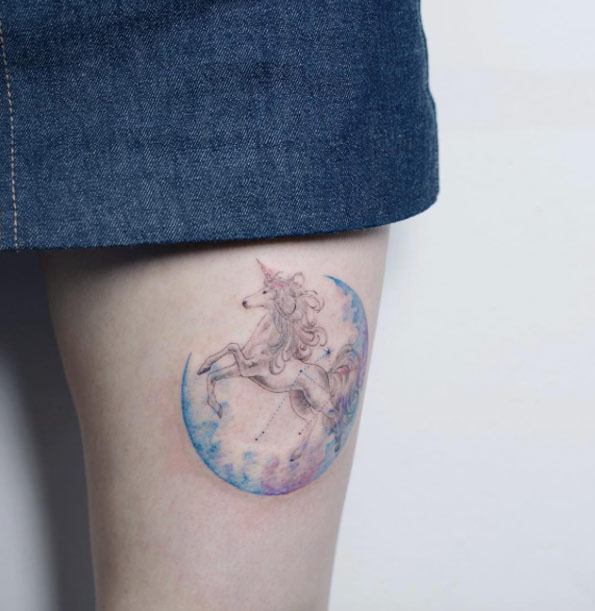 Unicorn Tattoo on Thigh by Sol Art