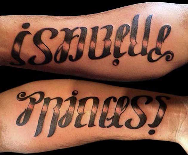 Ambigram tattoo designs are such a creative skin artwork. This two word form inked can be read as different sound and meaning from upside down.