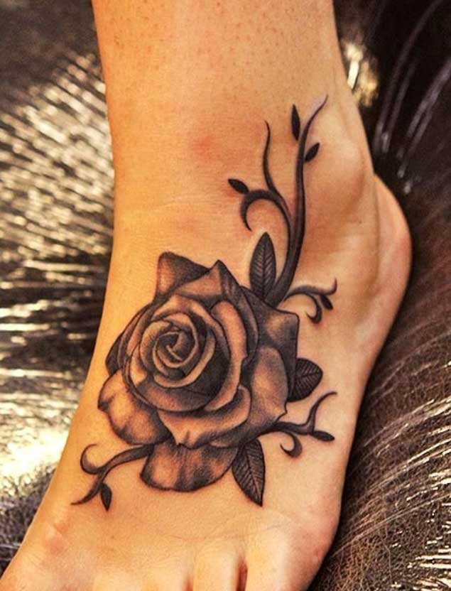 Black and White Rose Tattoo on Foot