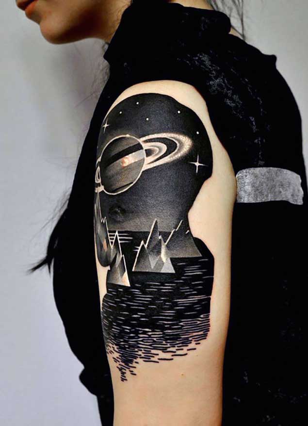 Black and White Saturn Space Tattoo