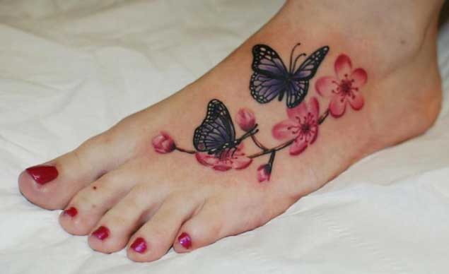 Butterfly Flower Foot Tattoo