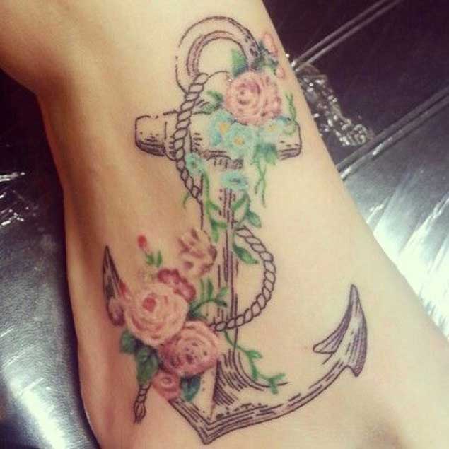 Floral Anchor Foot Tattoo