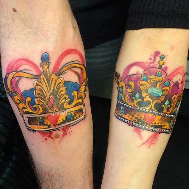 Watercolor king and queen couple tattoos