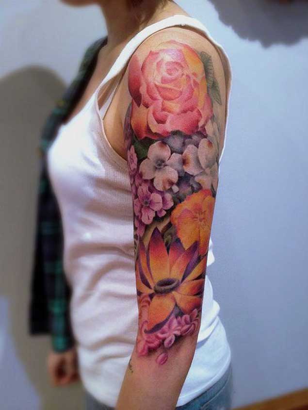 30 Fabulous Floral Sleeve Tattoos for Women - Pretty Floral Full Sleeve Tattoo1