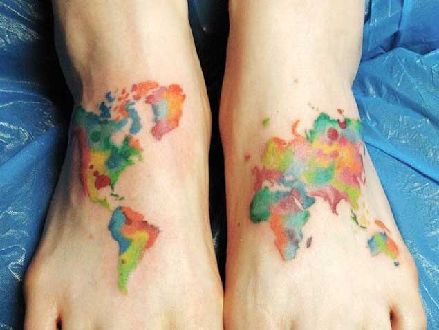 Watercolor Map Tattoo on Feet
