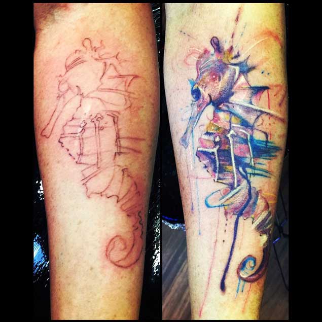 Before & After Watercolor Seahorse Tattoo