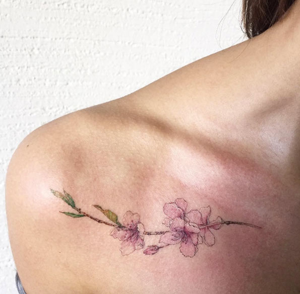 Gorgeous Cherry Blossom Tattoo on Shoulder by Hongdam