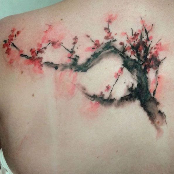Watercolor cherry blossoms on back by Pete Zebley 