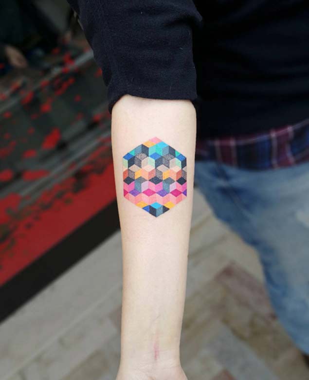 Colorful geometric cube tatto
