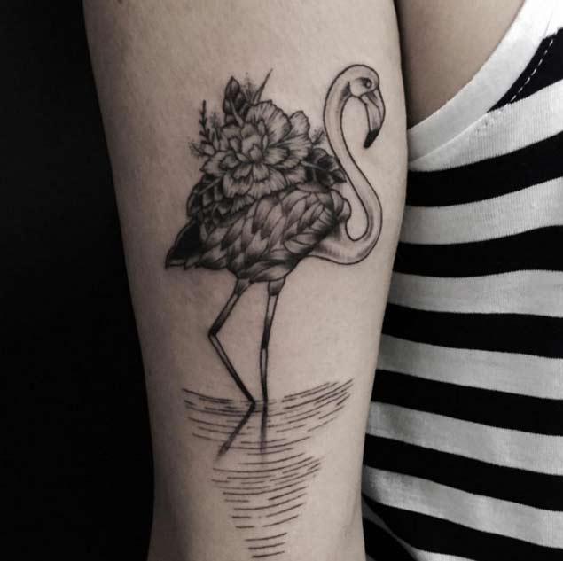 Black Ink Flamingo Tattoo by Fernanda Prado