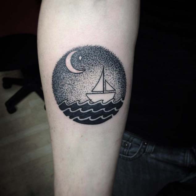 Tiny dotwork boat at sea tattoo