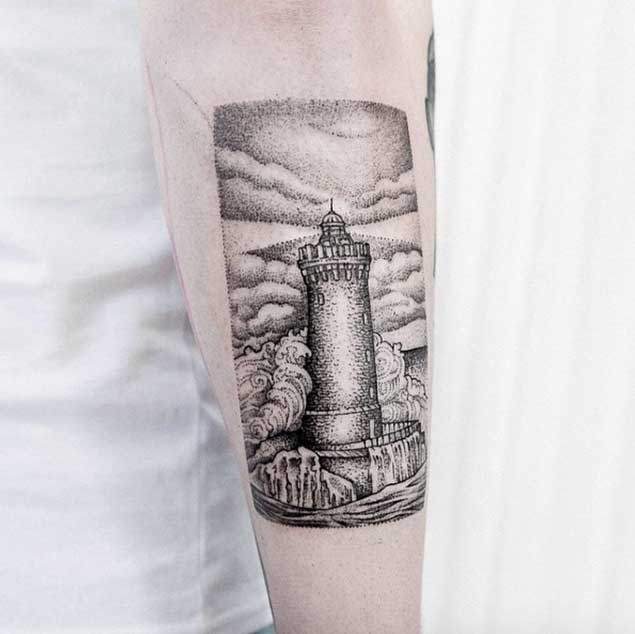 Dotwork Lighthouse Tattoo by Uls Metzger