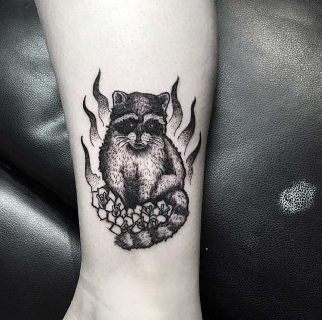 Adorable Dotwork Raccoon Tattoo on Ankle
