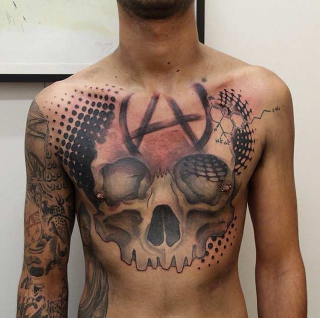 Large Halftone Skull Tattoo on Chest