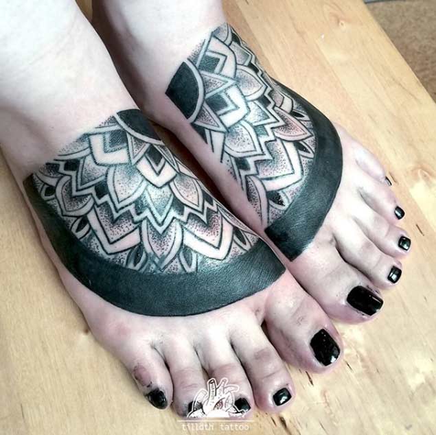 Symmetrical Mandala Foot Tattoo by Sarah Herzdame