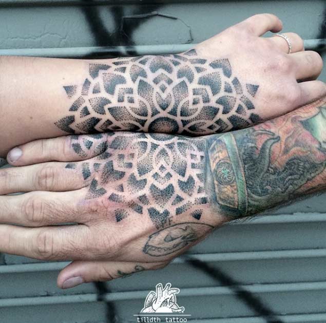 Symmetrical Mandala Hand Tattoo by Sarah Herzdame