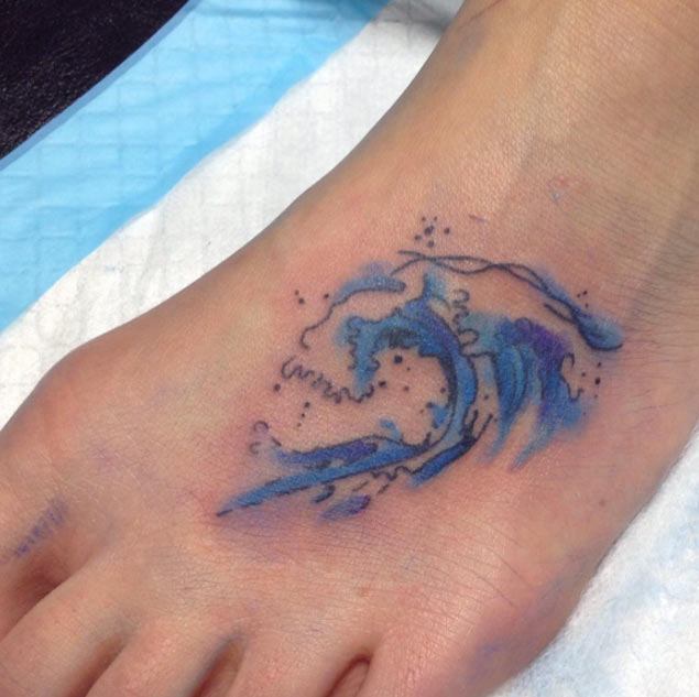 Watercolor Wave Tattoo on Foot by Vanessa Spezowka