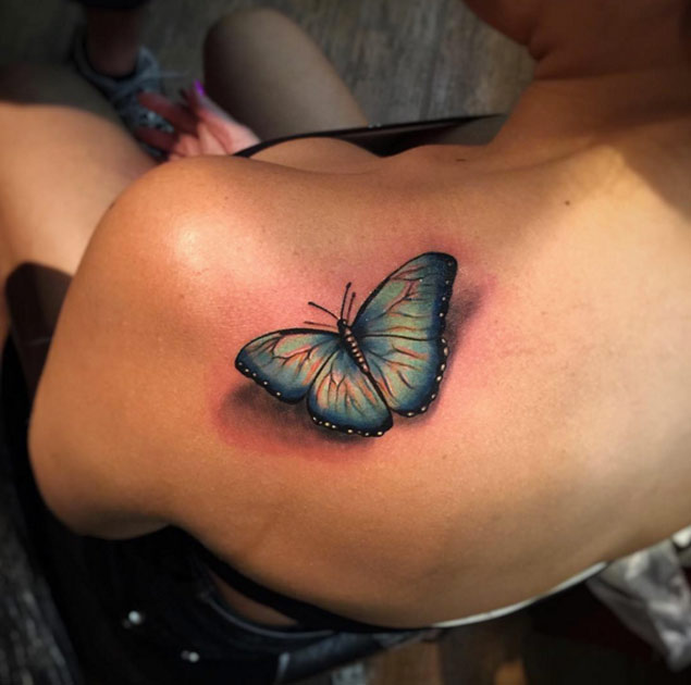 3D Back Shoulder Butterfly Tattoo by Alex Bruz