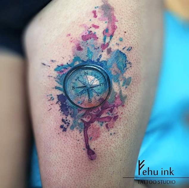 Watercolor Compass Tattoo by Fehu Ink