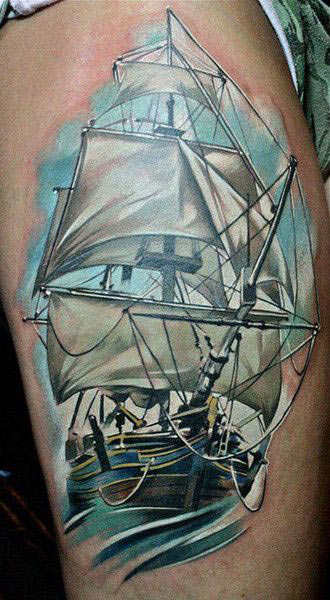 Ship Tattoo on Thigh by Kamil 