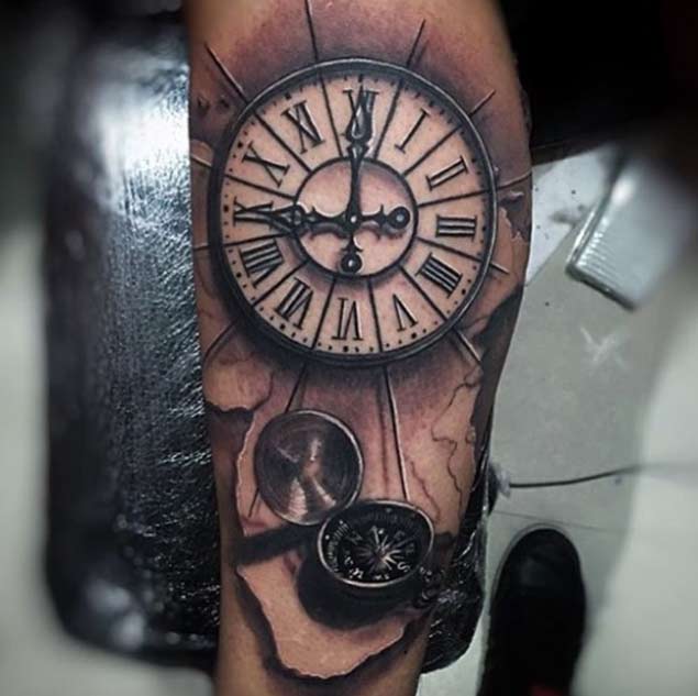 Compass & Clock Tattoo by Miami Tattoo