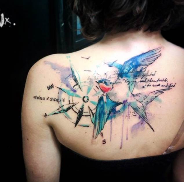 Large Watercolor Compass Tattoo by Lulu