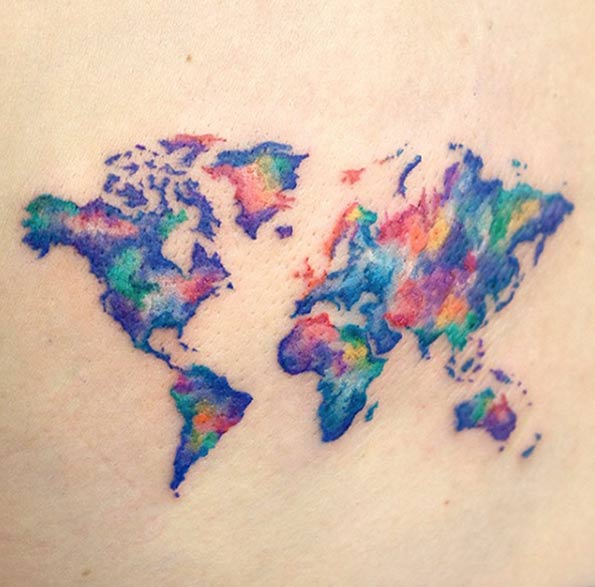 Watercolor World Map Tattoo by Asao