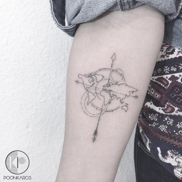 World Map Tattoo on Forearm by Karry Ka-Ying Poon