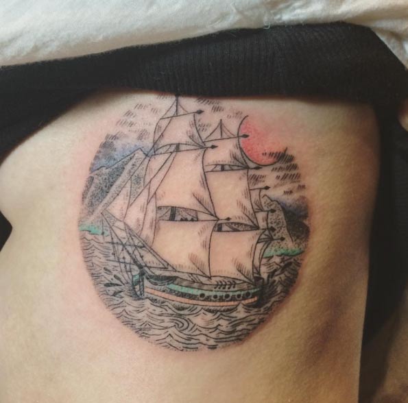 Amazing Ship wth a Subtle Infusion of Color by Hill Tattoo