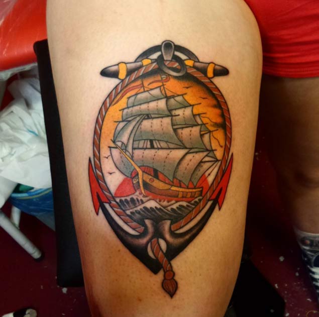 Colorful Ship Tattoo by Niky Boni