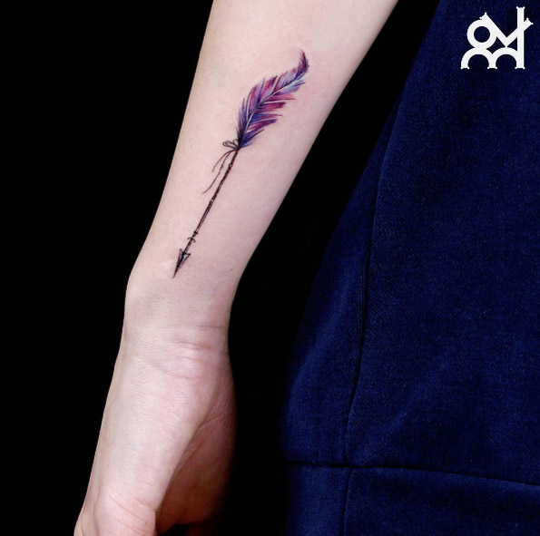 Feathered arrow tattoo by Haru