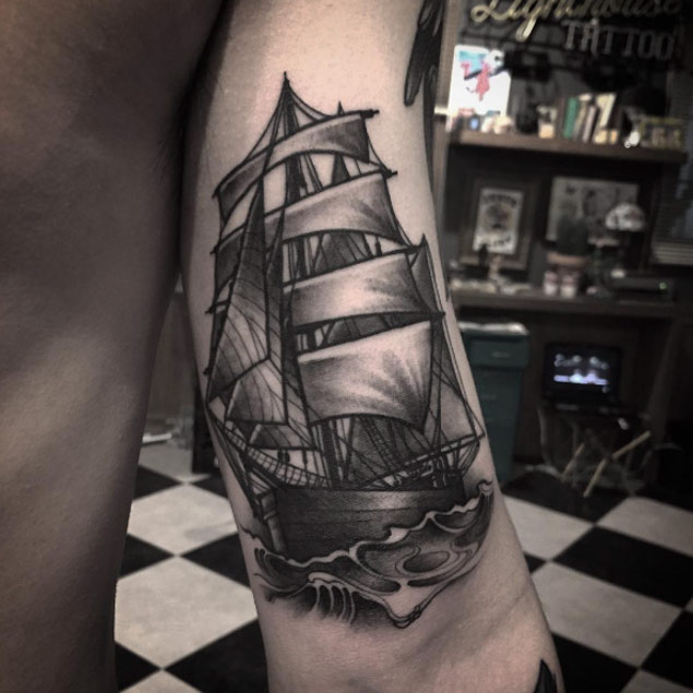Blackwork Ship Tattoo by Gara