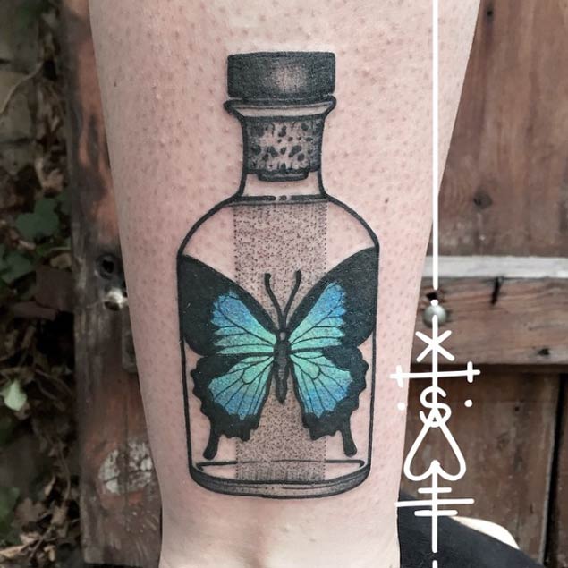Butterfly in a Bottle Tattoo by Sarah Herzdame
