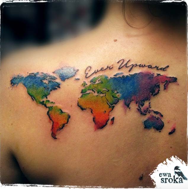 Colorful World Map Tattoo by Ewa Sroka