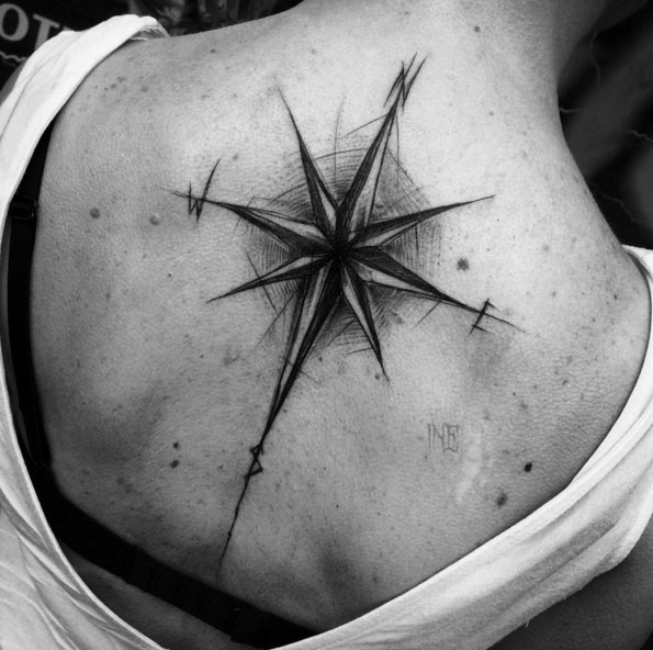 Sketch Style Compass Tattoo on Back by Inez Janiak