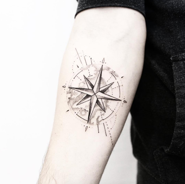 Dotwork globe and compass tattoo by Maksim Lopez