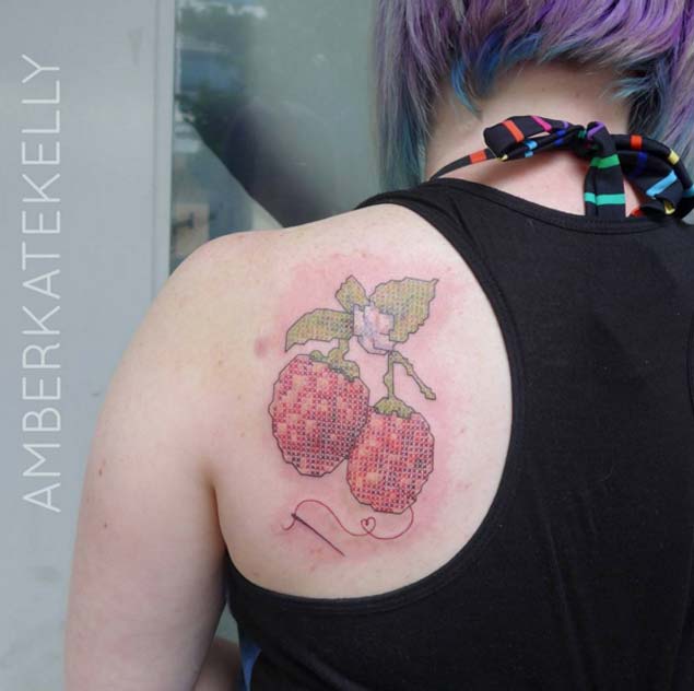 Raspberry Cross Stitch Tattoo by Amber Kate Kelly