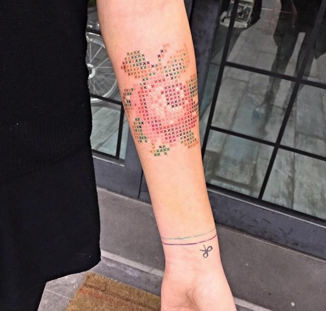Floral Rose Cross Stitch Tattoo Design by Eva