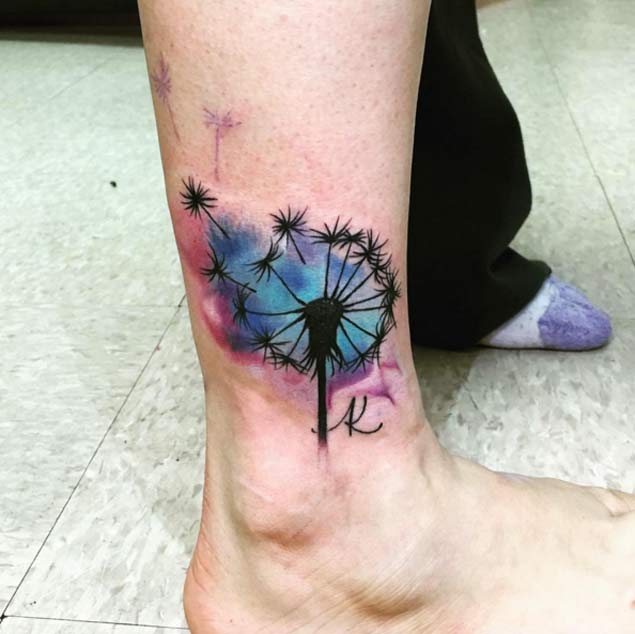 Colorful Dandelion Tattoo on Ankle by Willy Robles