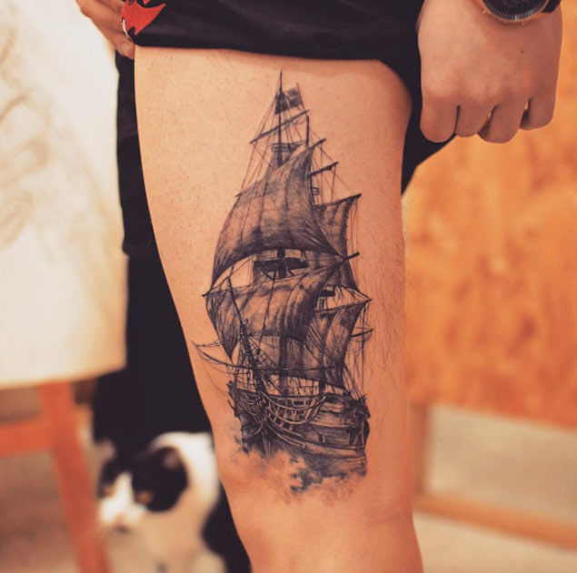 Detailed Ship Tattoo by Grain