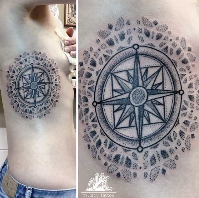 Dotwork Compass Tattoo by Sarah Herzdame
