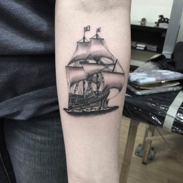 Forearm Ship Tattoo by Black Rooster