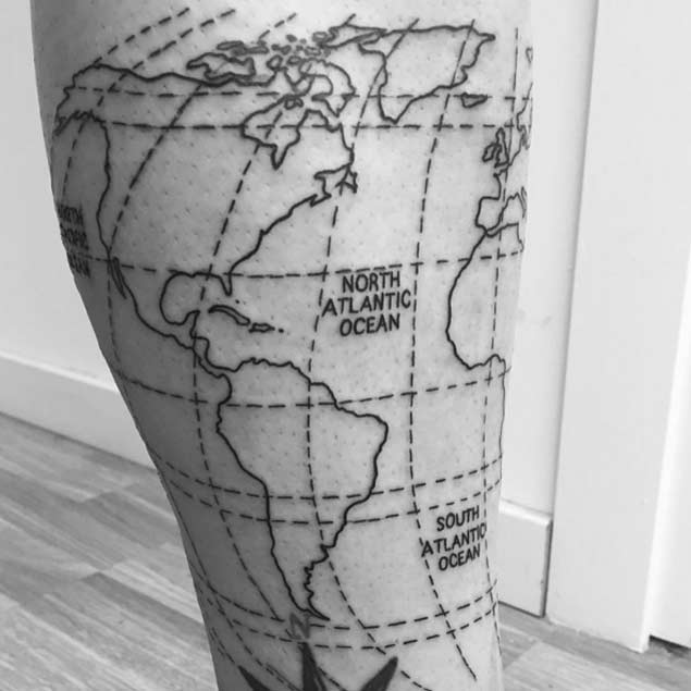 World Map Tattoo on leg by Badalona