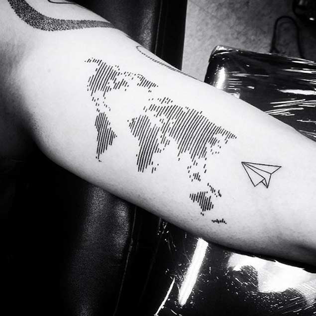 Linework World Map Tattoo by Underrated Ink