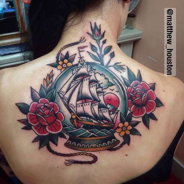 Neo Traditional Ship Tattoo on Back by Matt Houston